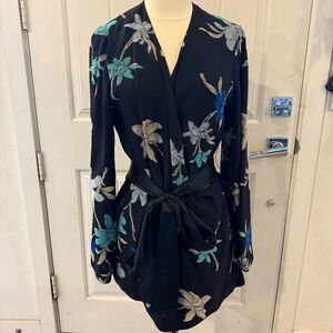 Dana Buchman silk blend kimono Black Floral subtle bell sleeve satin tie size 10